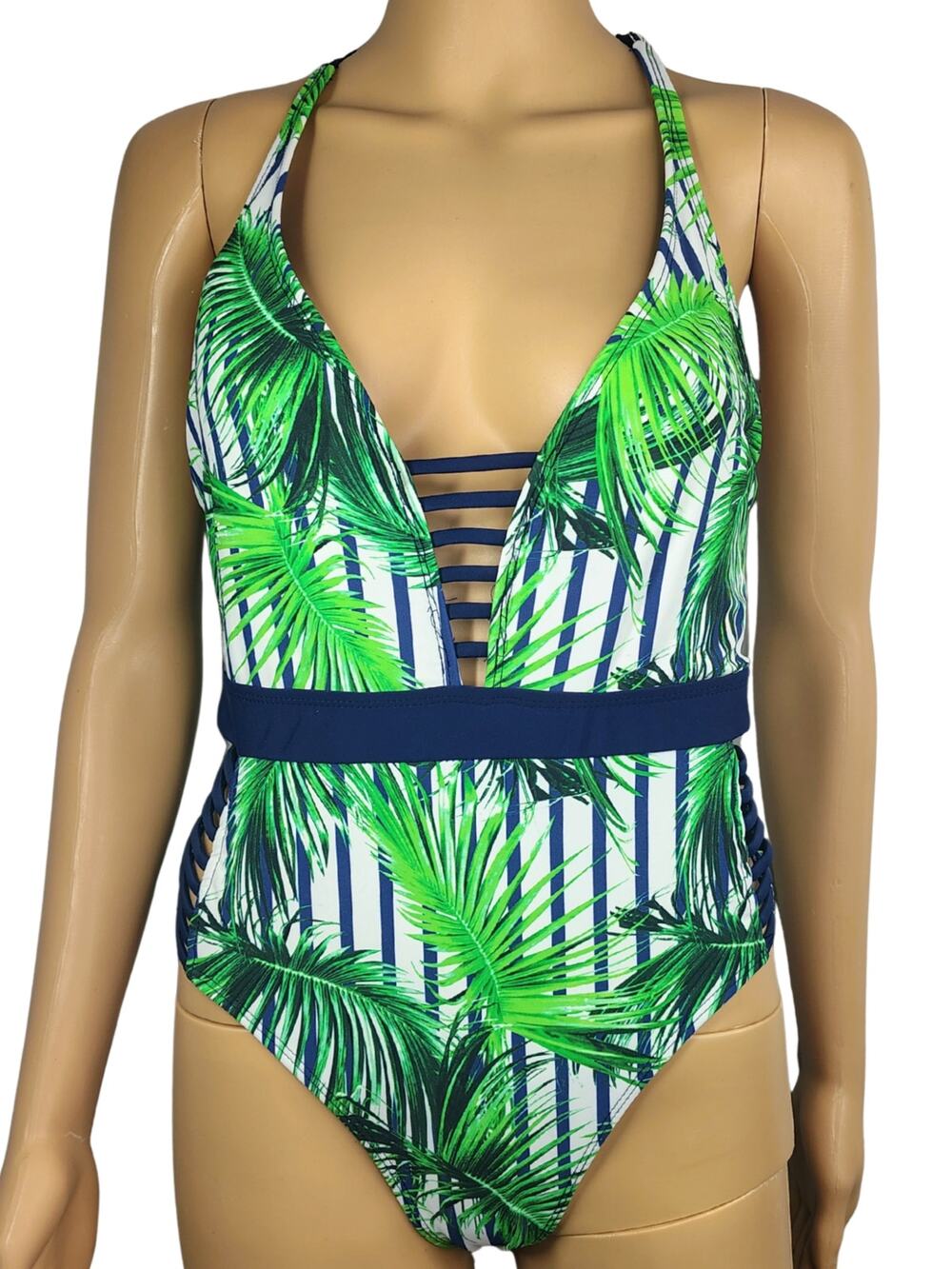 Green Blue One Piece Swimsuit Low Cut Racerback Slit Sides Hot Kiss Size Medium